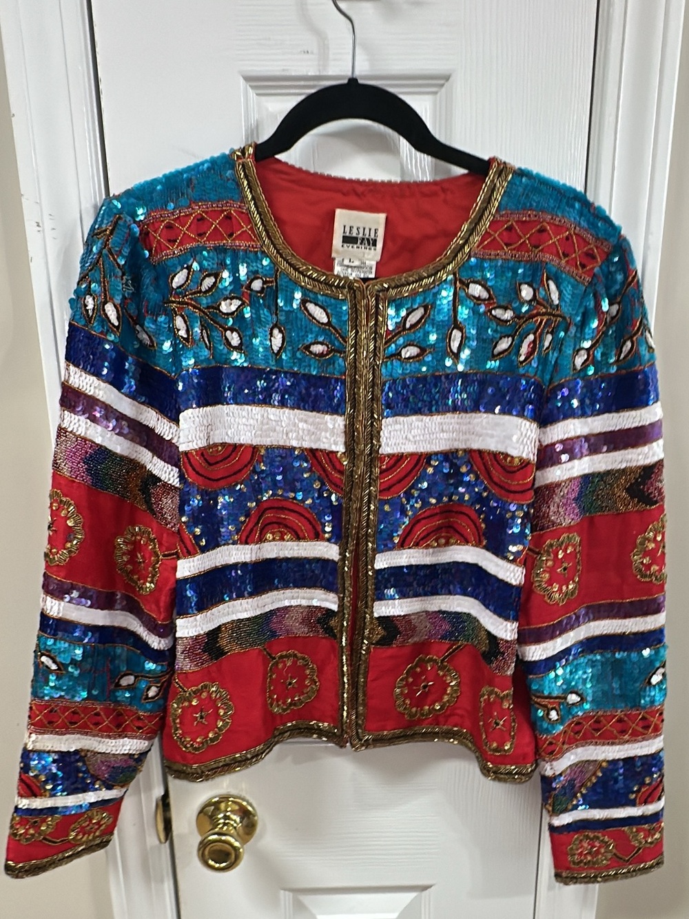 Leslie Fay vintage Sequins & Beads on Silk Red Blue Multi pit-pit 20 (mix48)